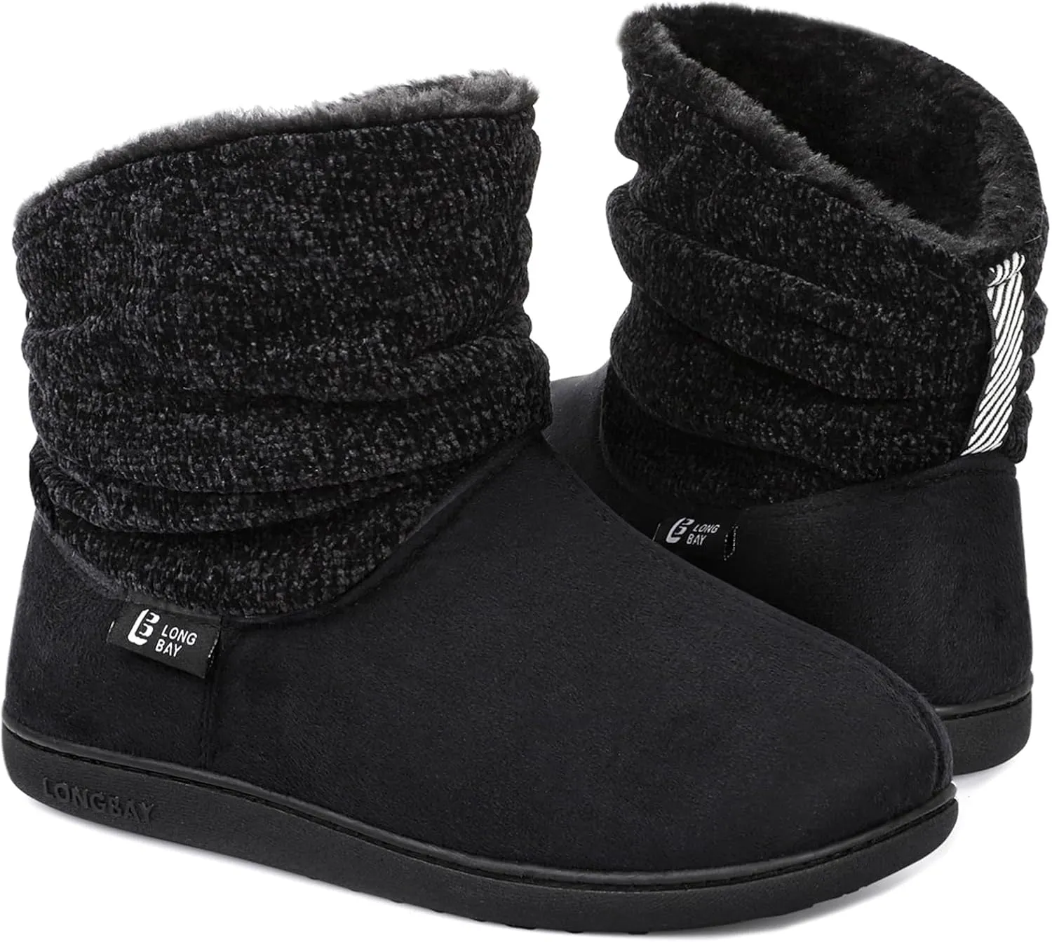 LongBay Women's Warm Chenille Knit Bootie Slippers Memory Foam Comfy Suede Fluffy Faux Fur Memory Foam Boots House Shoes