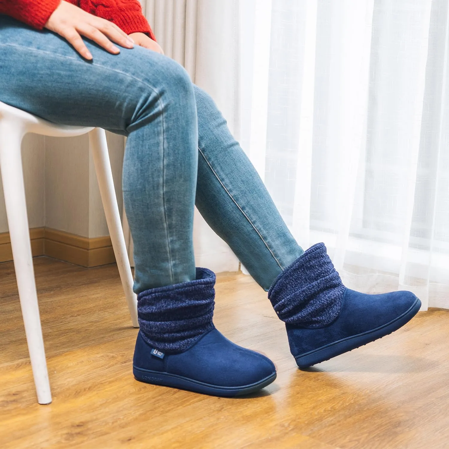 LongBay Women's Warm Chenille Knit Bootie Slippers Memory Foam Comfy Suede Fluffy Faux Fur Memory Foam Boots House Shoes