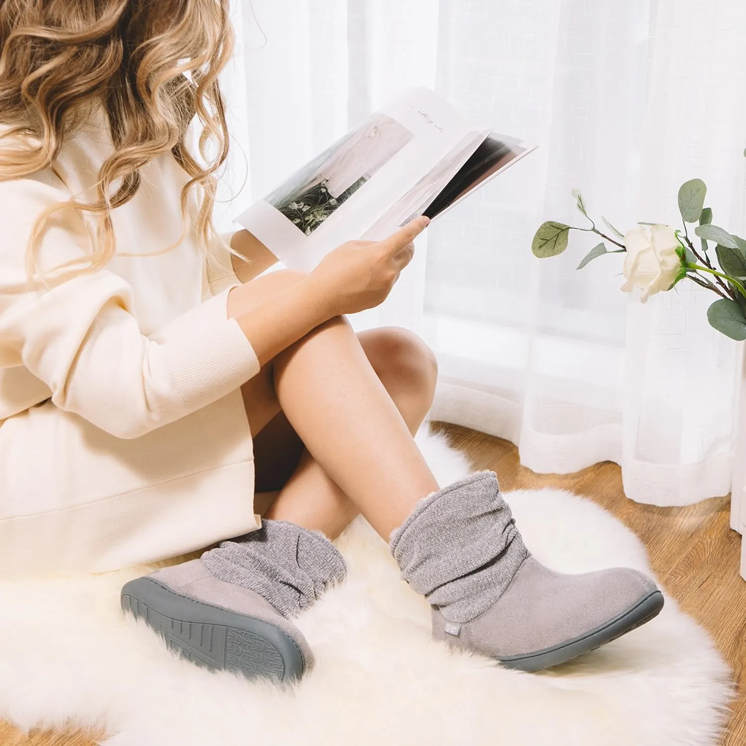 LongBay Women's Warm Chenille Knit Bootie Slippers Memory Foam Comfy Suede Fluffy Faux Fur Memory Foam Boots House Shoes