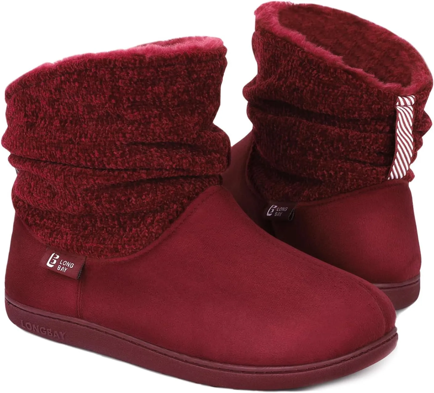 LongBay Women's Warm Chenille Knit Bootie Slippers Memory Foam Comfy Suede Fluffy Faux Fur Memory Foam Boots House Shoes