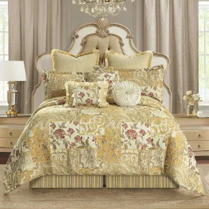 Loom and Mill 9-Piece Comforter Set Patchwork Design, Jacquard Floral Comforter Set Queen Size, Luxury Bedding Sets with Bed Skirt, Euro Shams and Decorative Pillows for All Season(Beige Yellow,Queen)