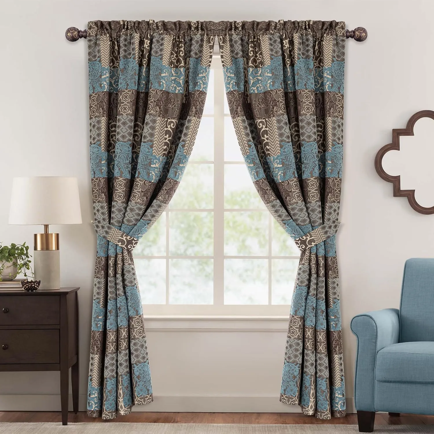 Loom and Mill Luxury Blue Jacquard Curtains for Bedroom, Thick Damask Chenille Window Curtain Panels with Tiebacks for Living Room Holiday Party Banquet Decorations (2 Panels, 52 x 84 Inch, Blue)