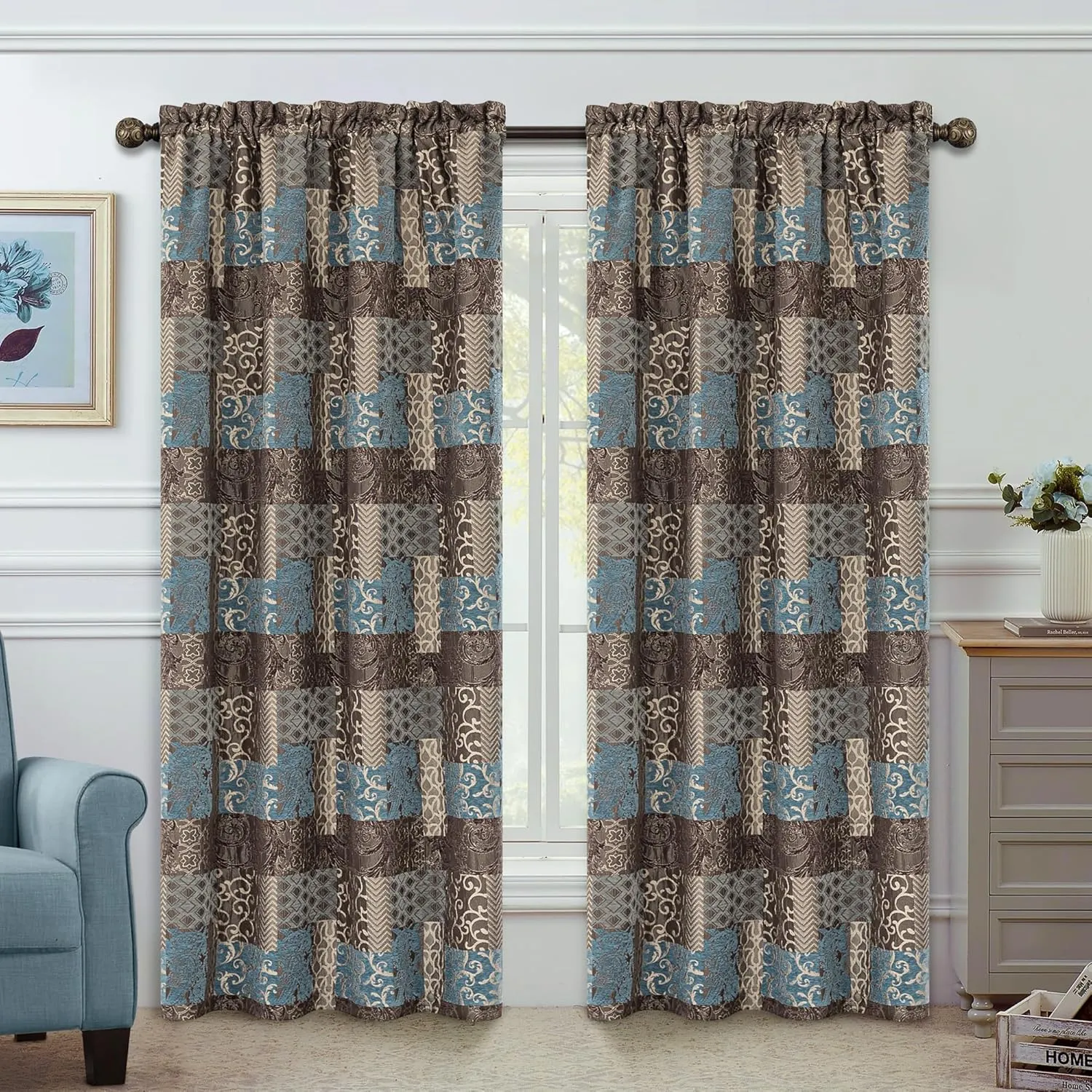 Loom and Mill Luxury Blue Jacquard Curtains for Bedroom, Thick Damask Chenille Window Curtain Panels with Tiebacks for Living Room Holiday Party Banquet Decorations (2 Panels, 52 x 84 Inch, Blue)