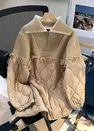 Loose Khaki Zip Up Tasseled Patchwork Thick Knitted Tops Long Sleeve