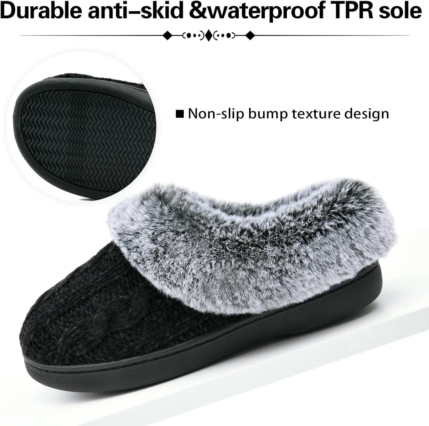 LORDFON Womens Winter House Slippers Memory Foam，Warm Closed Back Indoor Slippers For Women With Soft Faux Fur Plush Collar,Cozy Ladies Slip-on bedroom Home Slippers Non-Slip