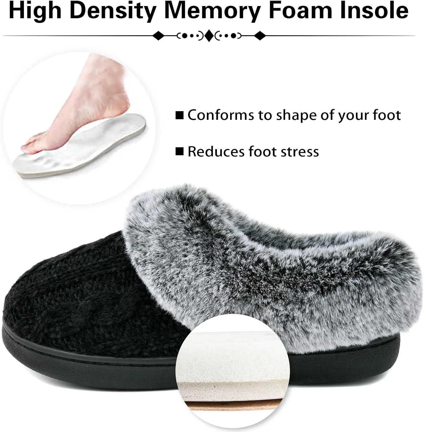 LORDFON Womens Winter House Slippers Memory Foam，Warm Closed Back Indoor Slippers For Women With Soft Faux Fur Plush Collar,Cozy Ladies Slip-on bedroom Home Slippers Non-Slip
