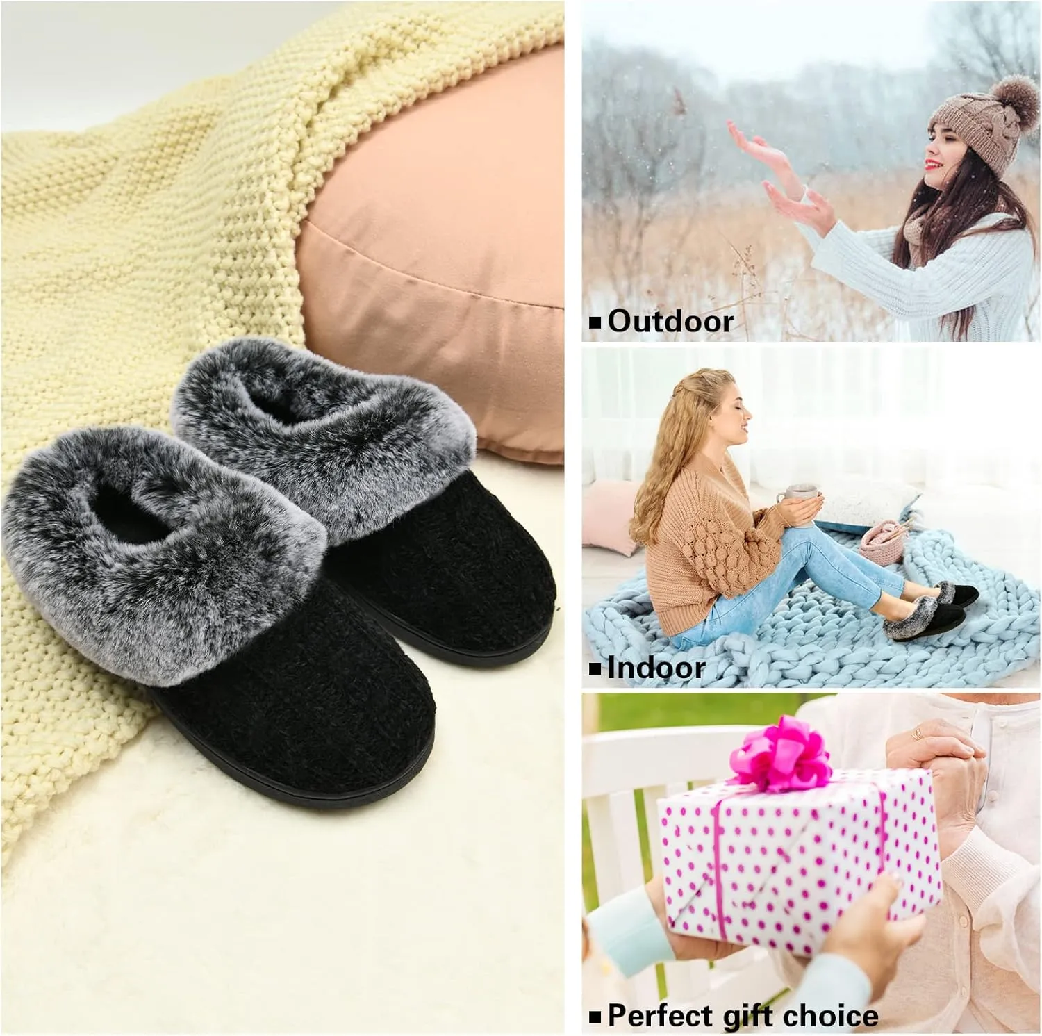 LORDFON Womens Winter House Slippers Memory Foam，Warm Closed Back Indoor Slippers For Women With Soft Faux Fur Plush Collar,Cozy Ladies Slip-on bedroom Home Slippers Non-Slip
