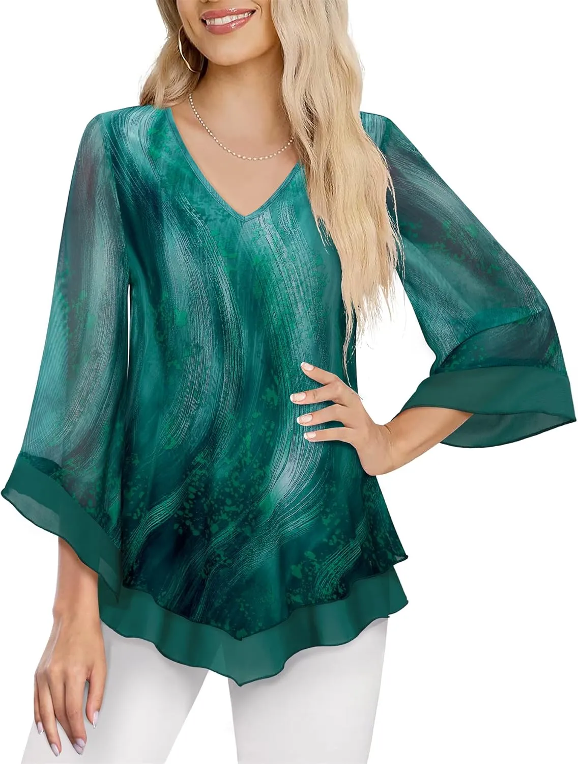 Lotusmile Womens Dressy Blouse Double Layers Mesh Shirt Ruffle 3/4 Flared Sleeve Tunic Tops