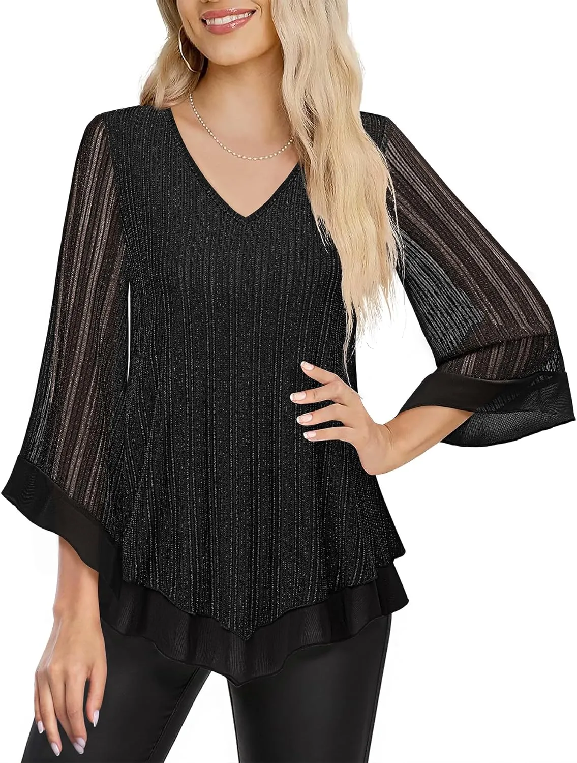 Lotusmile Womens Dressy Blouse Double Layers Mesh Shirt Ruffle 3/4 Flared Sleeve Tunic Tops
