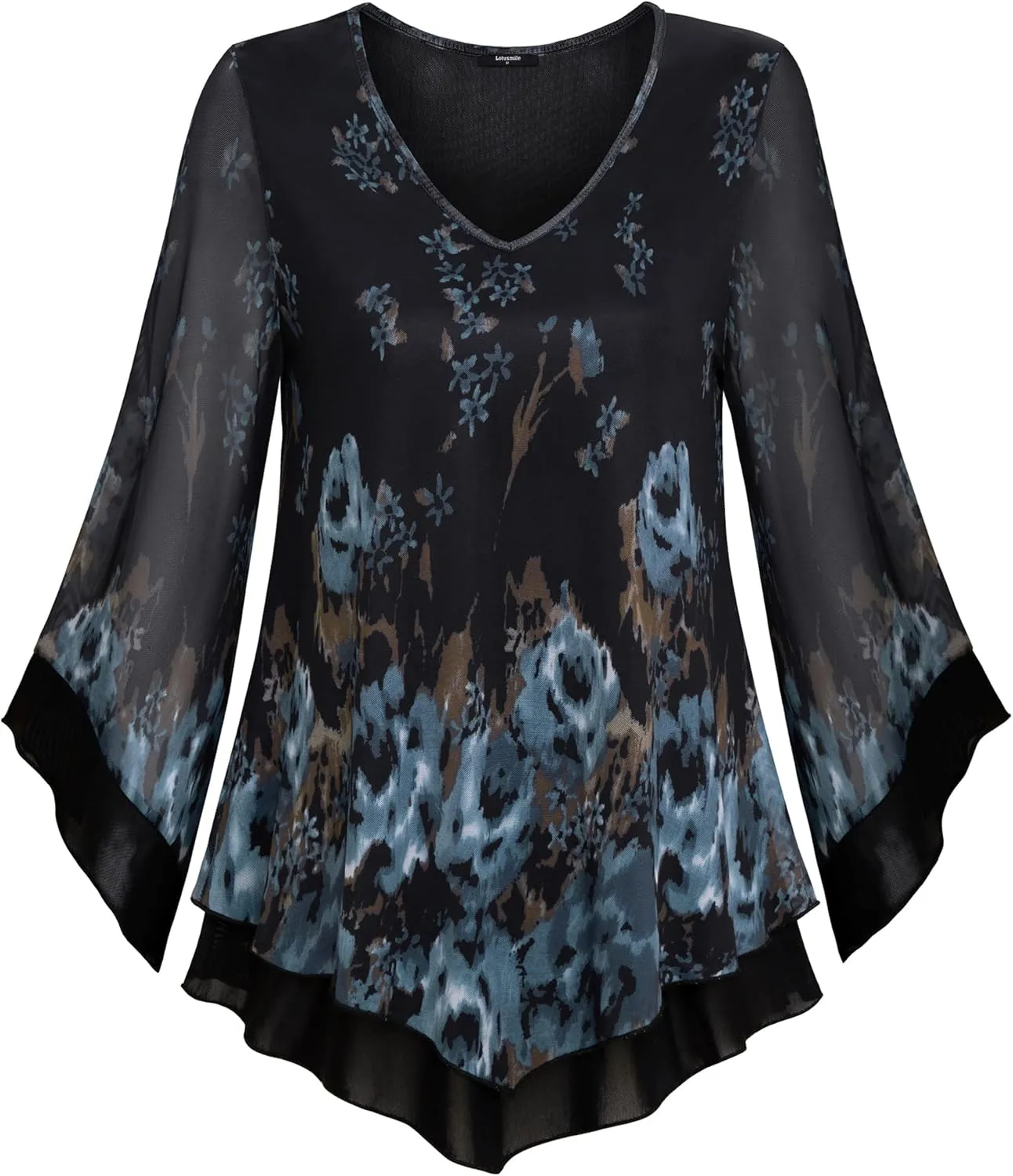 Lotusmile Womens Dressy Blouse Double Layers Mesh Shirt Ruffle 3/4 Flared Sleeve Tunic Tops