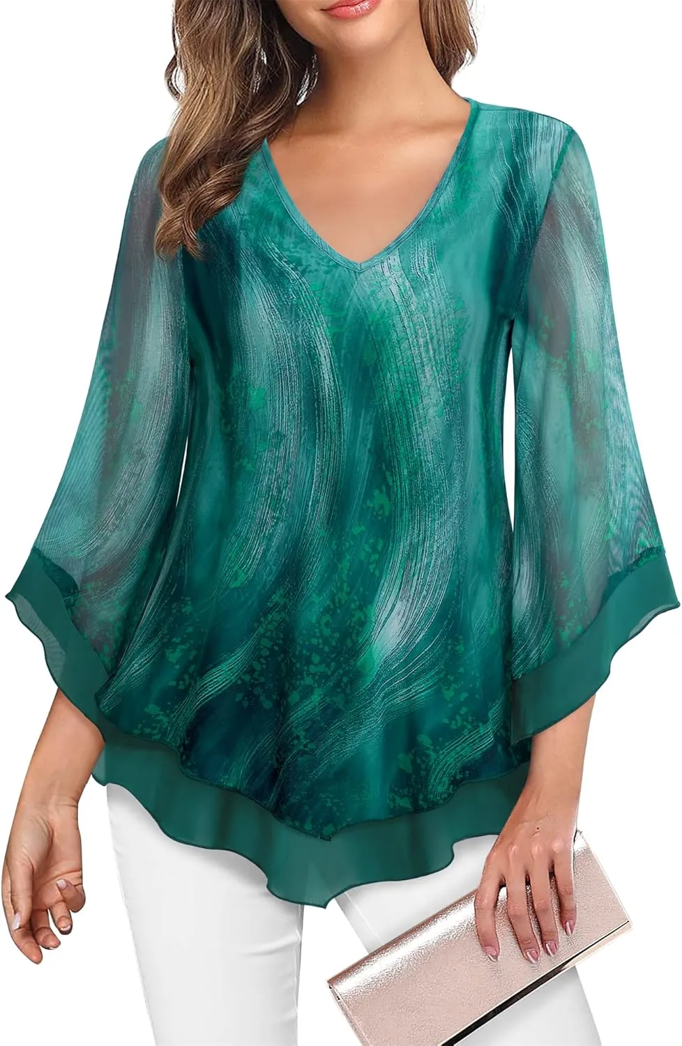 Lotusmile Womens Dressy Blouse Double Layers Mesh Shirt Ruffle 3/4 Flared Sleeve Tunic Tops