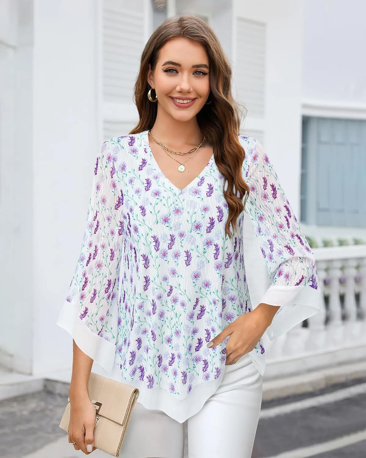 Lotusmile Womens Dressy Blouse Double Layers Mesh Shirt Ruffle 3/4 Flared Sleeve Tunic Tops