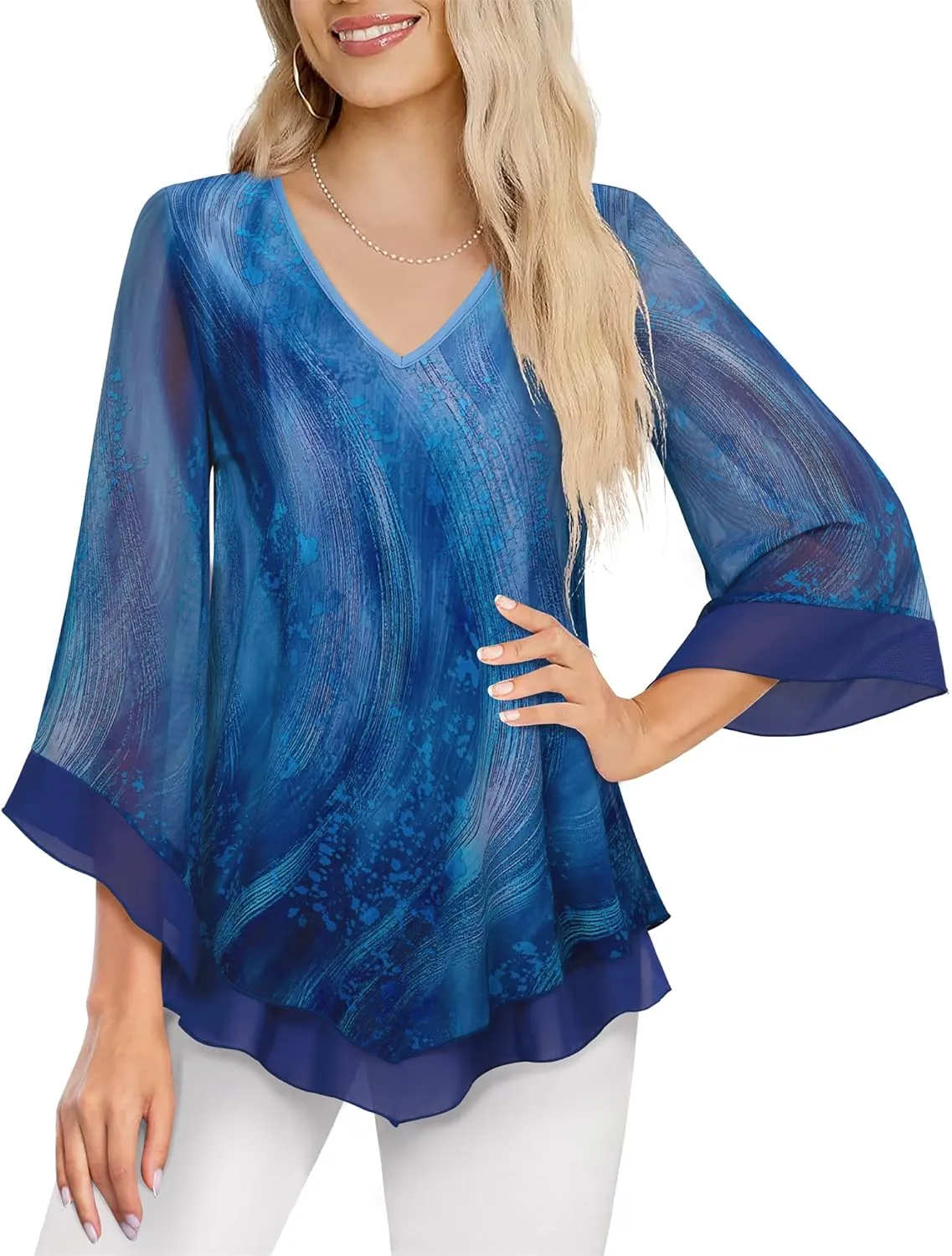 Lotusmile Womens Dressy Blouse Double Layers Mesh Shirt Ruffle 3/4 Flared Sleeve Tunic Tops