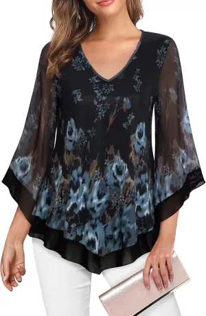 Lotusmile Womens Dressy Blouse Double Layers Mesh Shirt Ruffle 3/4 Flared Sleeve Tunic Tops