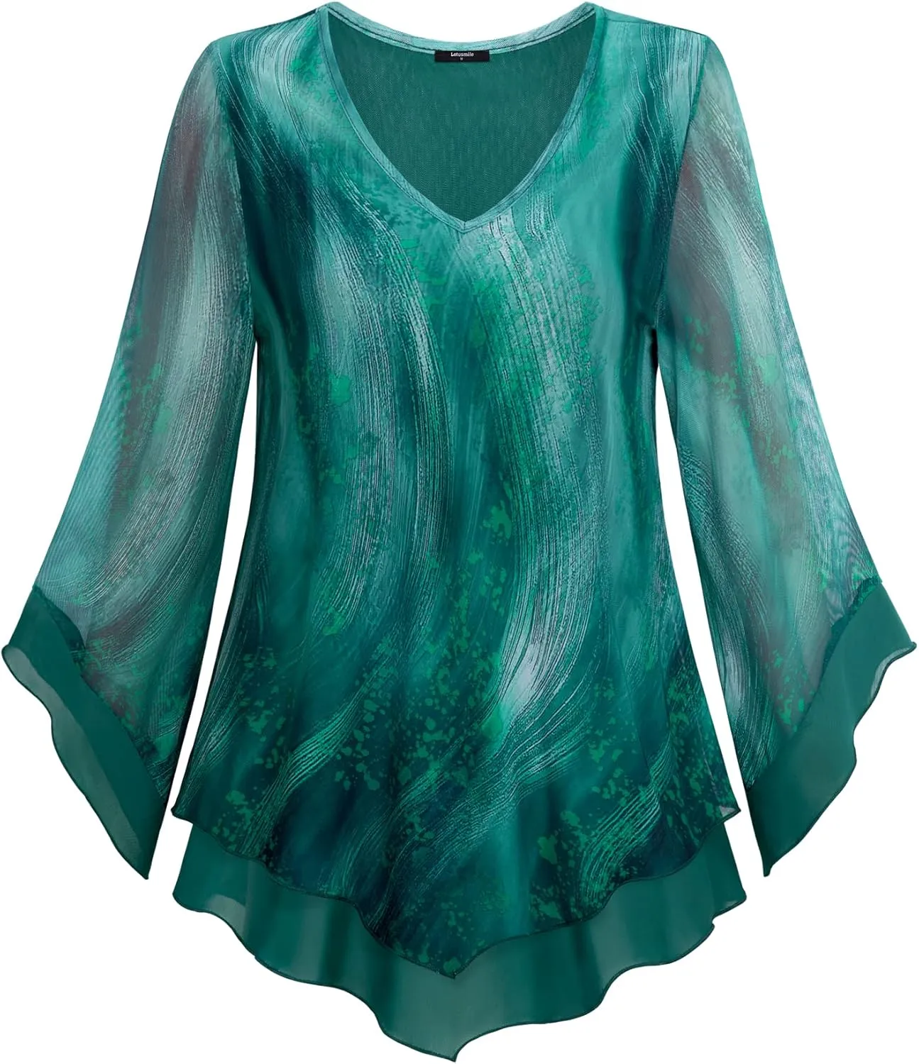 Lotusmile Womens Dressy Blouse Double Layers Mesh Shirt Ruffle 3/4 Flared Sleeve Tunic Tops