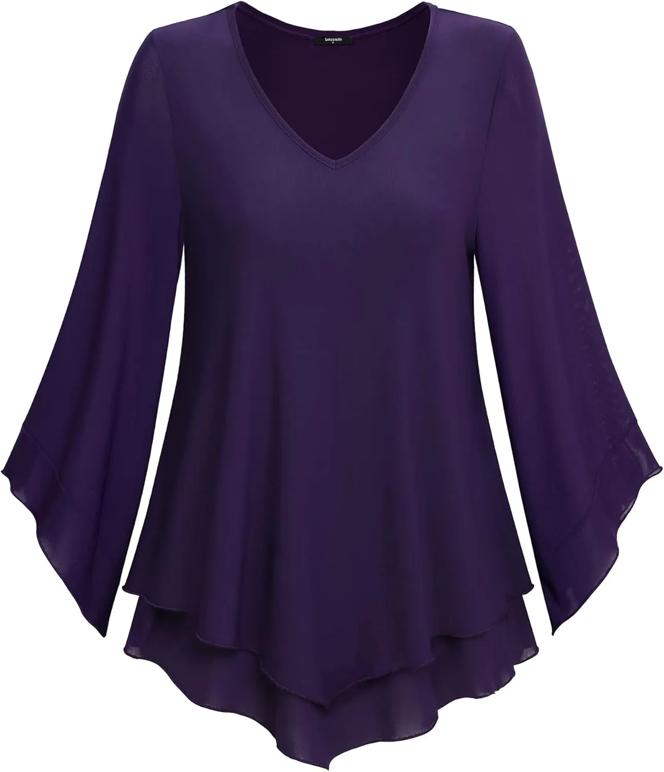 Lotusmile Womens Dressy Blouse Double Layers Mesh Shirt Ruffle 3/4 Flared Sleeve Tunic Tops