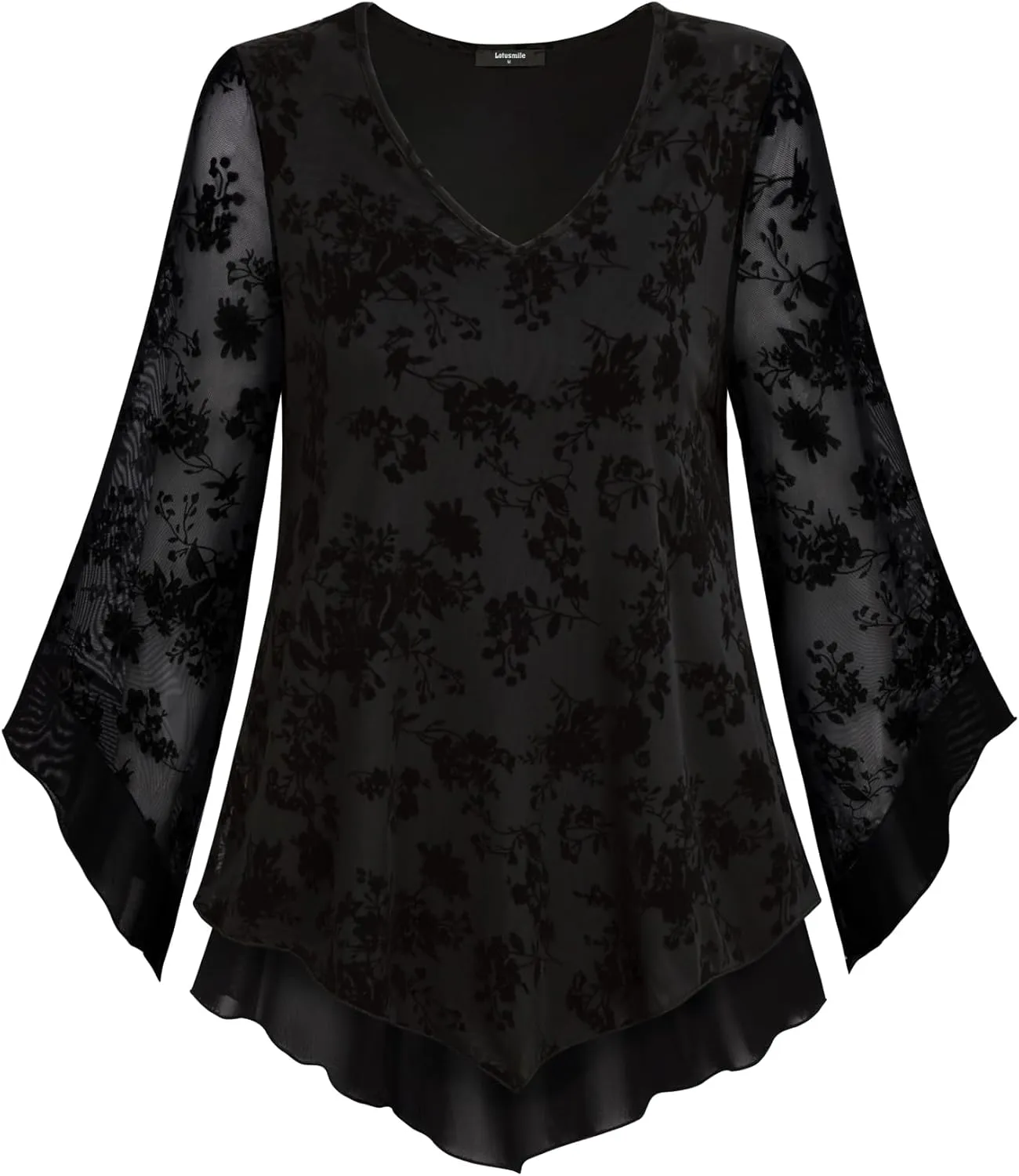 Lotusmile Womens Dressy Blouse Double Layers Mesh Shirt Ruffle 3/4 Flared Sleeve Tunic Tops