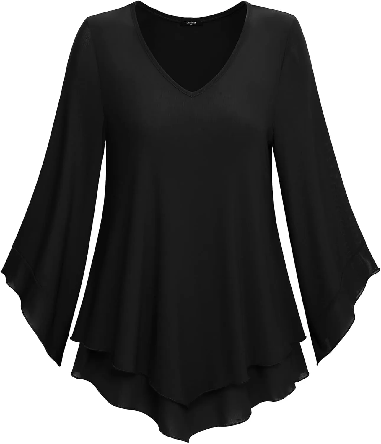 Lotusmile Womens Dressy Blouse Double Layers Mesh Shirt Ruffle 3/4 Flared Sleeve Tunic Tops