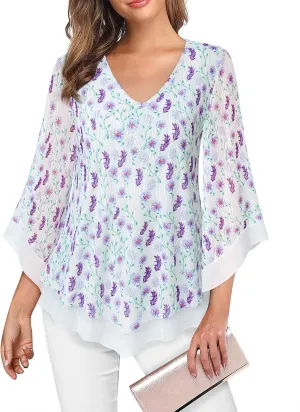 Lotusmile Womens Dressy Blouse Double Layers Mesh Shirt Ruffle 3/4 Flared Sleeve Tunic Tops