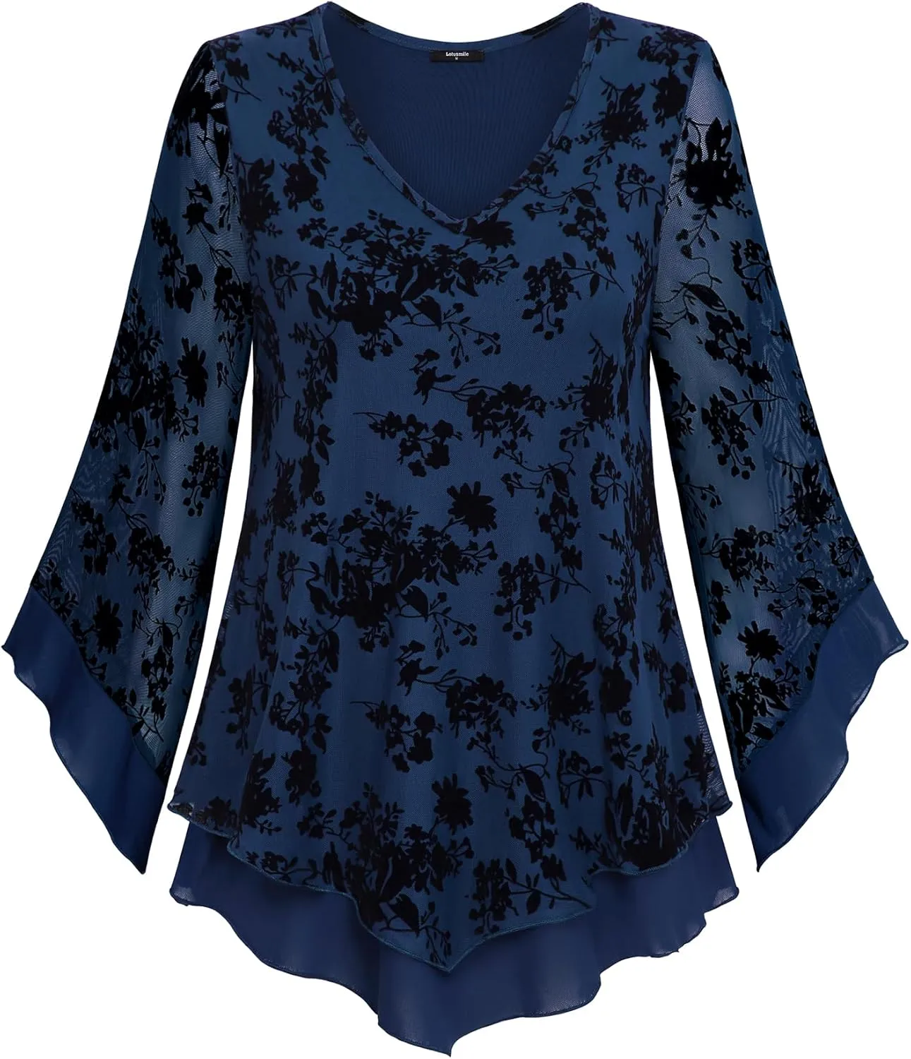 Lotusmile Womens Dressy Blouse Double Layers Mesh Shirt Ruffle 3/4 Flared Sleeve Tunic Tops