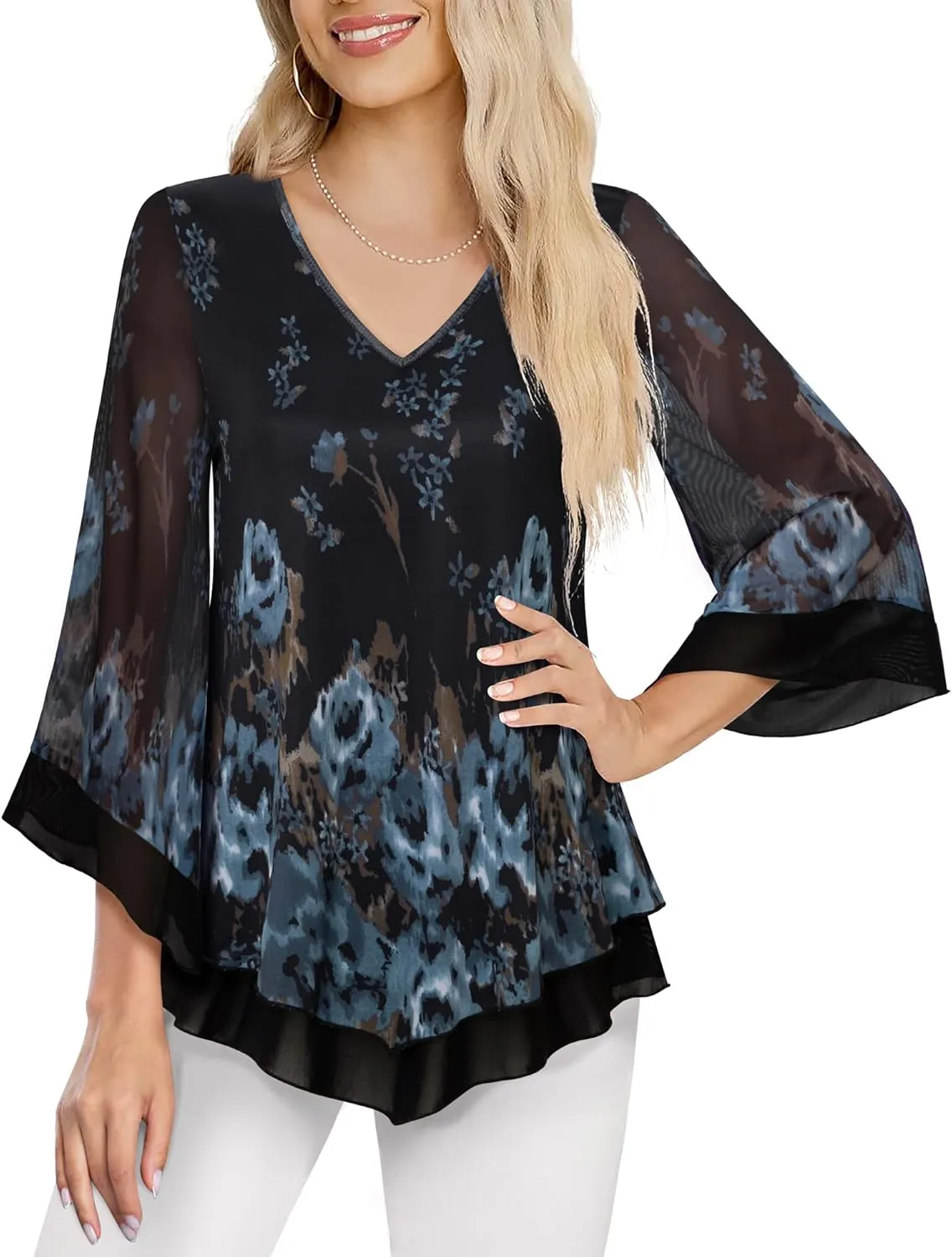 Lotusmile Womens Dressy Blouse Double Layers Mesh Shirt Ruffle 3/4 Flared Sleeve Tunic Tops