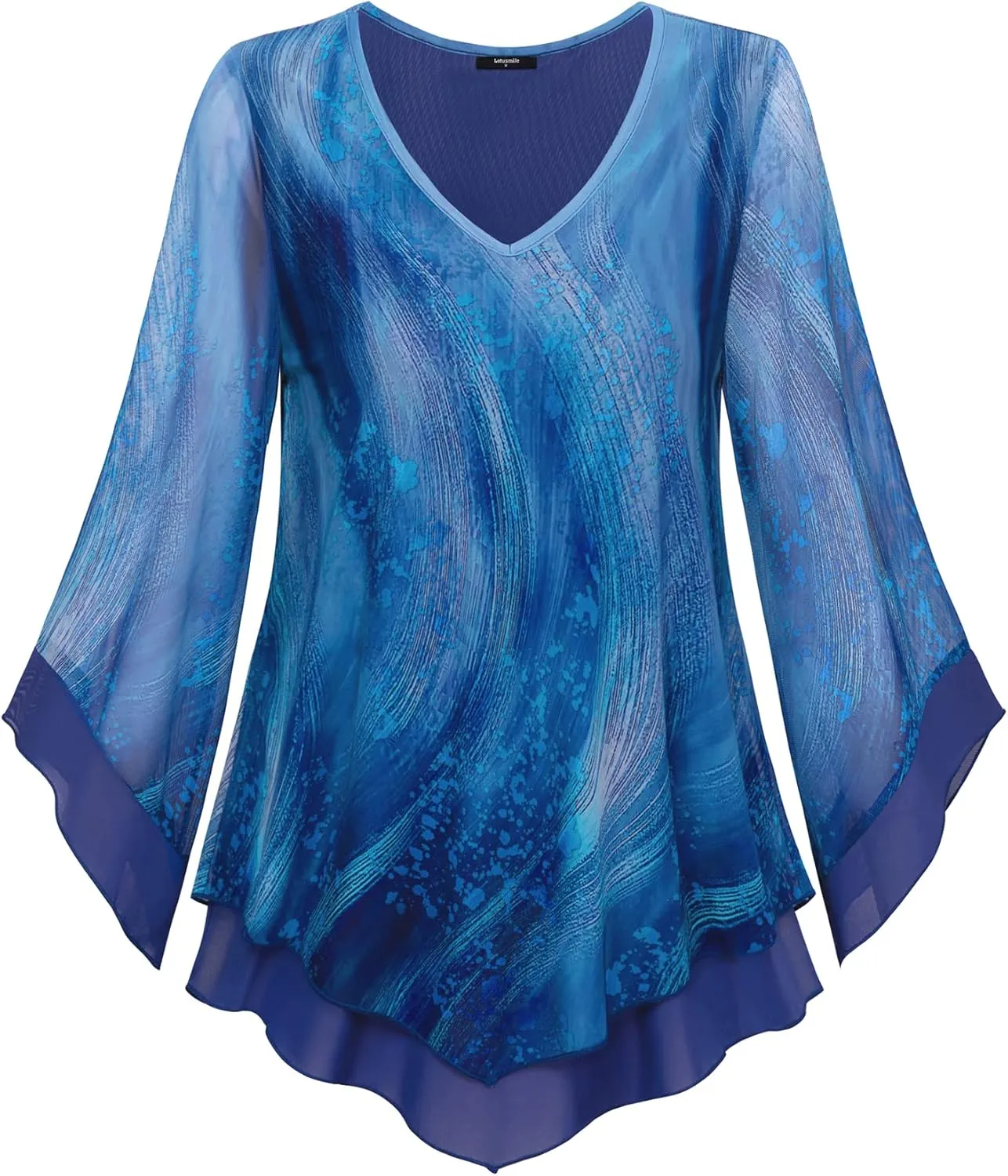 Lotusmile Womens Dressy Blouse Double Layers Mesh Shirt Ruffle 3/4 Flared Sleeve Tunic Tops