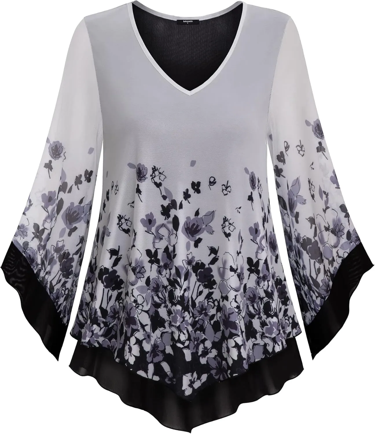 Lotusmile Womens Dressy Blouse Double Layers Mesh Shirt Ruffle 3/4 Flared Sleeve Tunic Tops