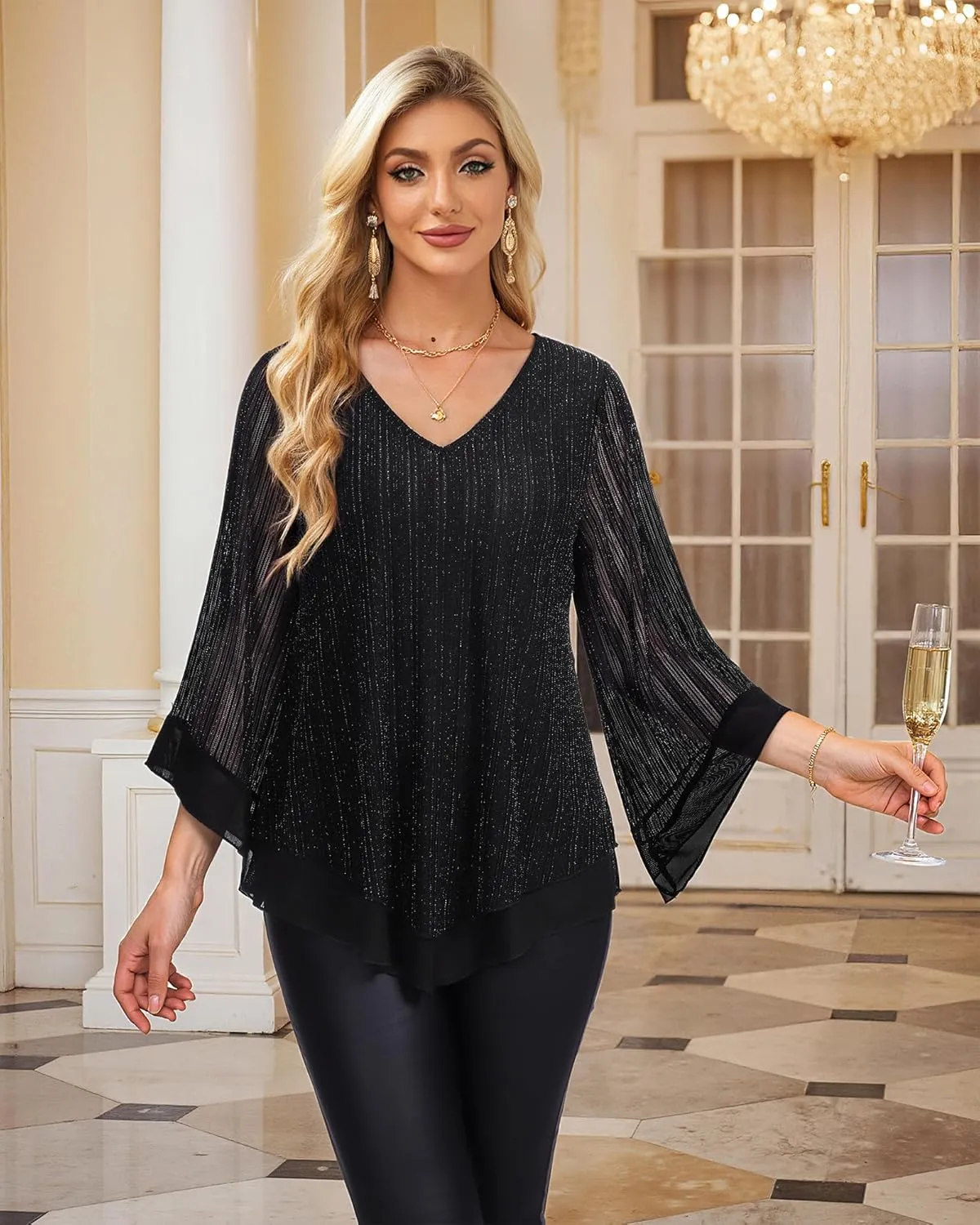Lotusmile Womens Dressy Blouse Double Layers Mesh Shirt Ruffle 3/4 Flared Sleeve Tunic Tops