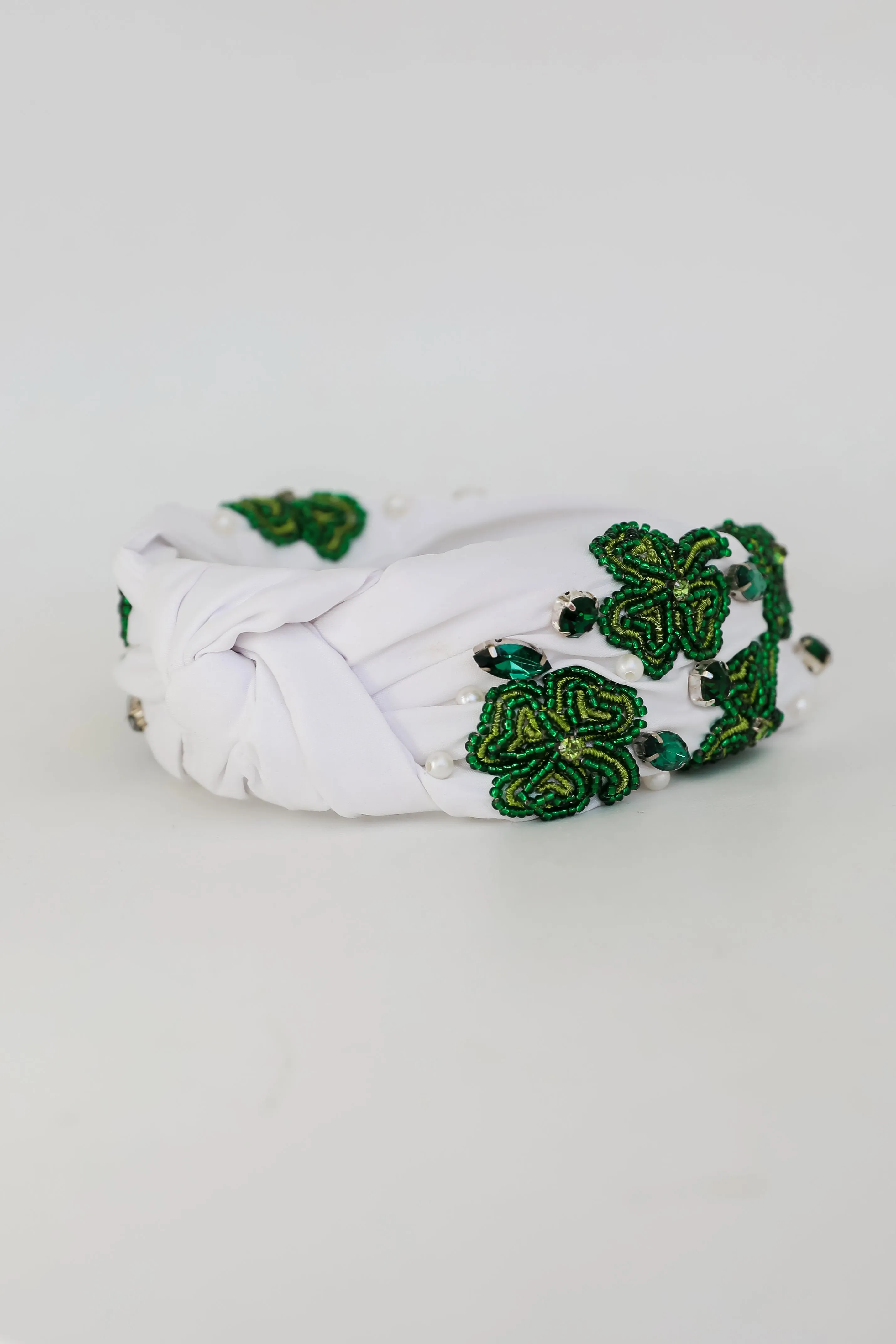 Lucky In Love White Beaded Four Leaf Clover Knotted Headband