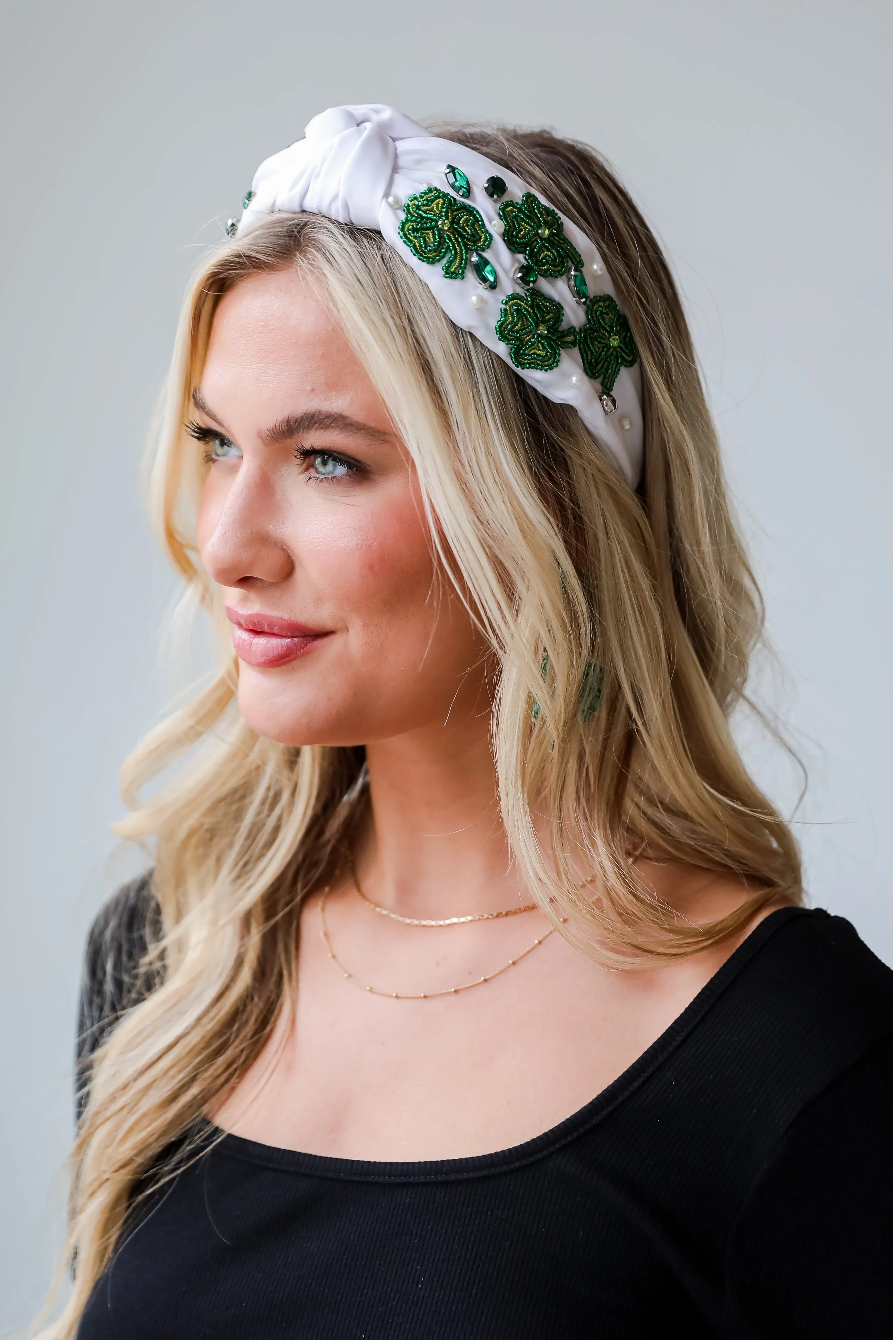 Lucky In Love White Beaded Four Leaf Clover Knotted Headband