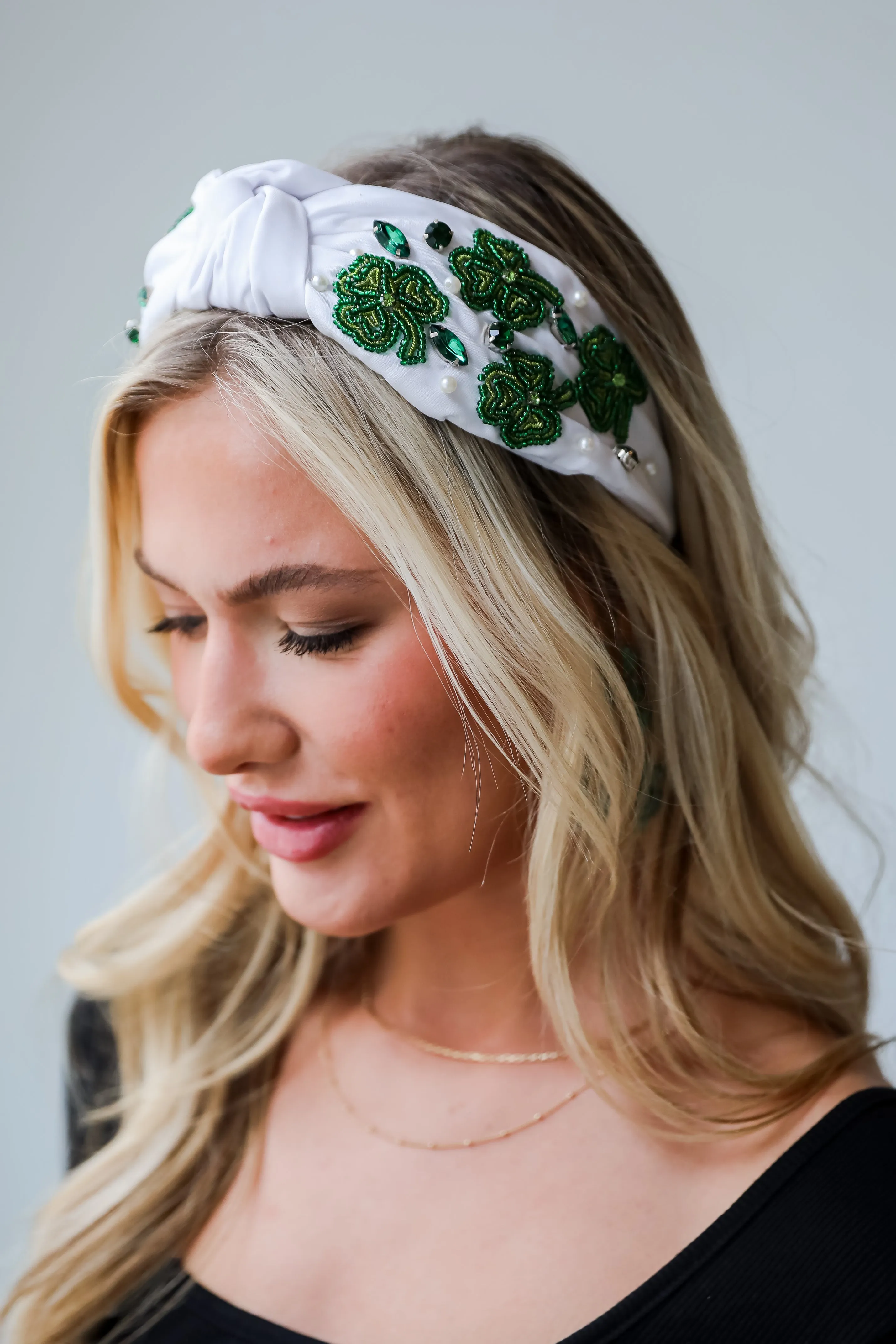 Lucky In Love White Beaded Four Leaf Clover Knotted Headband