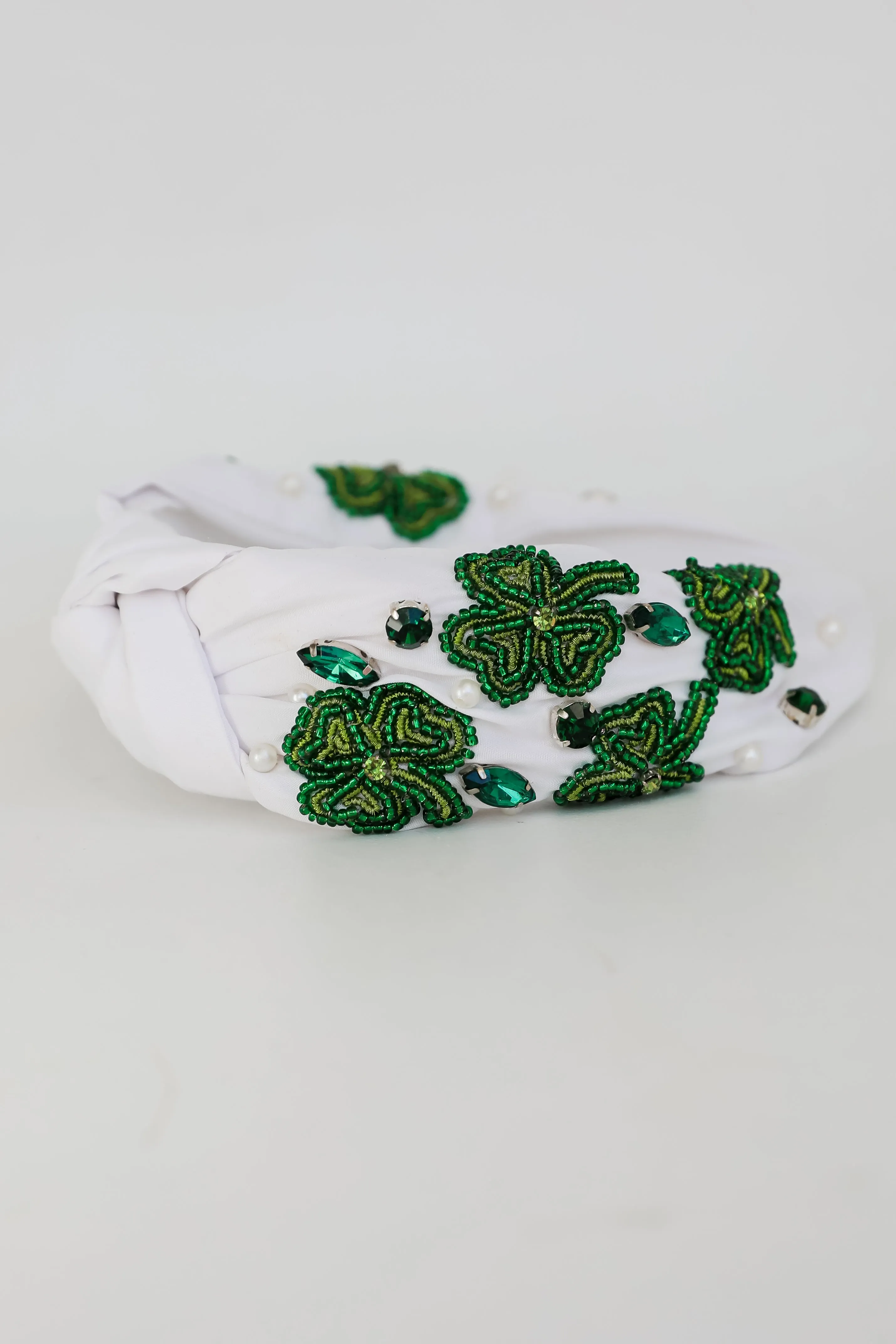 Lucky In Love White Beaded Four Leaf Clover Knotted Headband