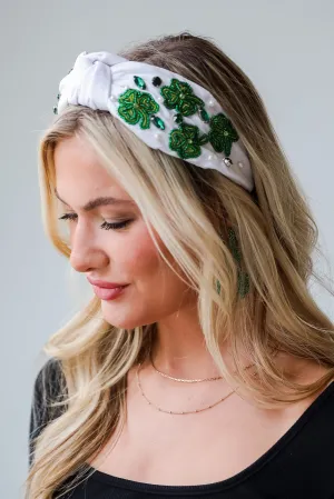 Lucky In Love White Beaded Four Leaf Clover Knotted Headband