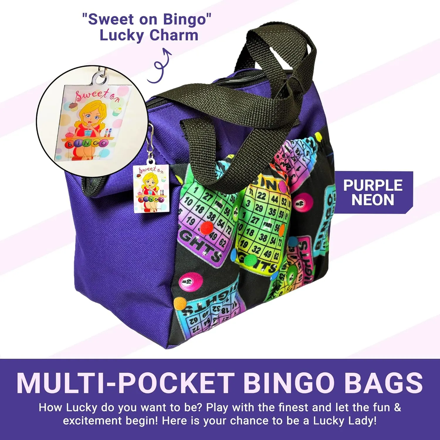 LUCKY LADY DAUBER CO. Neon Bingo Bags with Pockets, 6 Pocket Bingo Daubers Bag with Inside Liner and Sweet on Bingo Lucky Charm - Card and Dauber Bingo Bags for Women, Neon Purple Bingo Dauber Bag