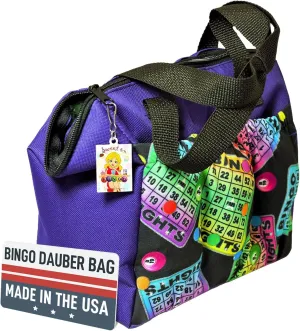 LUCKY LADY DAUBER CO. Neon Bingo Bags with Pockets, 6 Pocket Bingo Daubers Bag with Inside Liner and Sweet on Bingo Lucky Charm - Card and Dauber Bingo Bags for Women, Neon Purple Bingo Dauber Bag