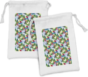Lunarable Modern Art Fabric Pouch Set of 2, Mathematic Shaped Asymmetrical Dimensional Intricacy Matrix Artisan Abstract, Small Drawstring Bag for Toiletries Masks and Favors, 9" x 6", Multicolor