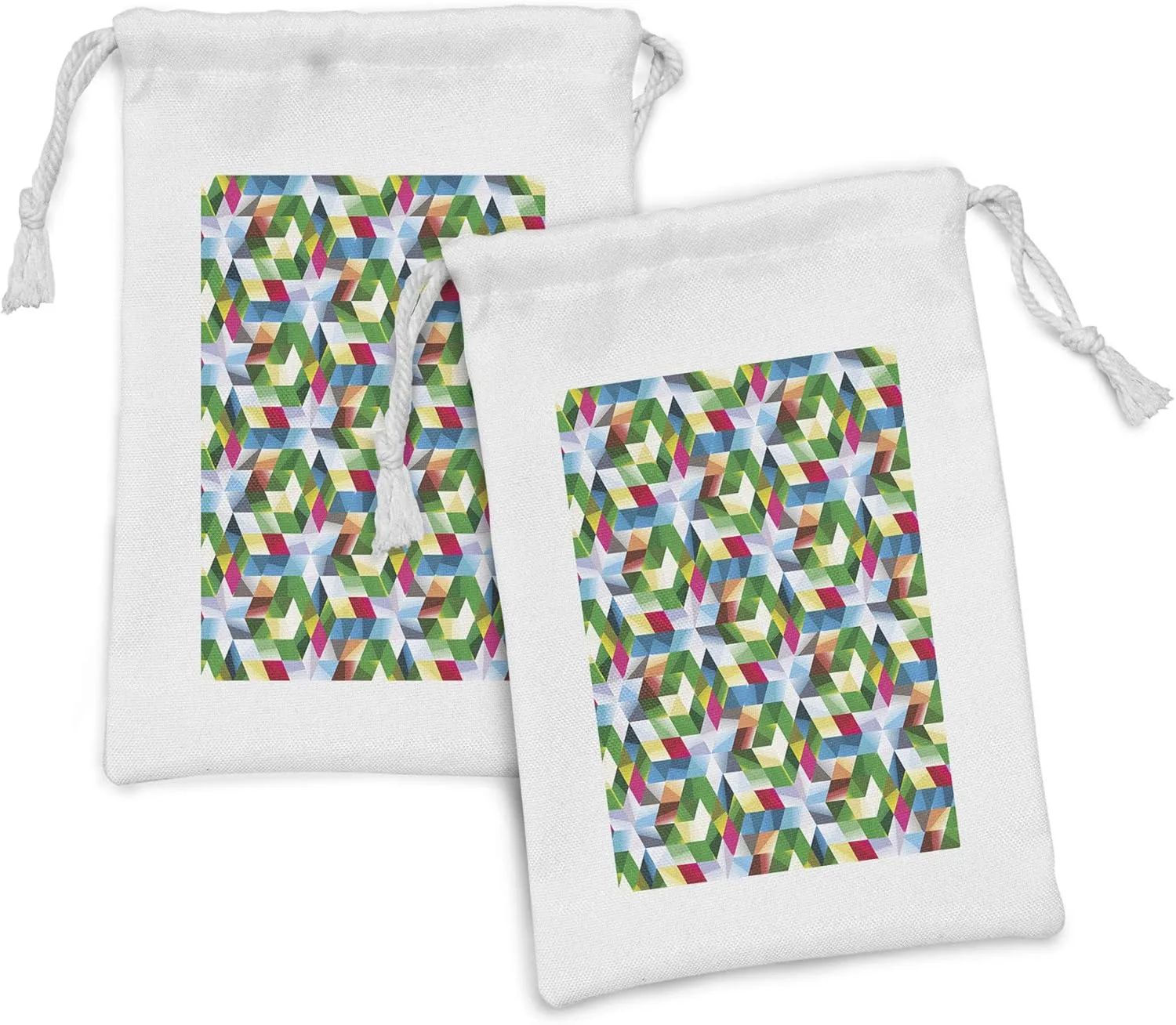 Lunarable Modern Art Fabric Pouch Set of 2, Mathematic Shaped Asymmetrical Dimensional Intricacy Matrix Artisan Abstract, Small Drawstring Bag for Toiletries Masks and Favors, 9" x 6", Multicolor