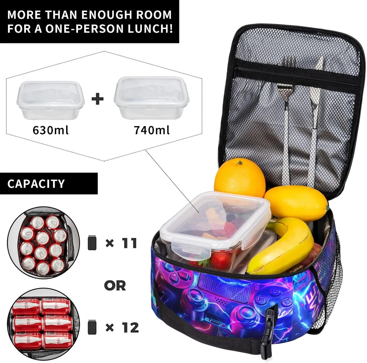 Lunch Box For Children Teen Boys And Girls Children Lunchboxes Insulated Kids Camping Lunch Bag Neon Gamer Lunch Bag Video Game Lunch Box Gaming Lunchbox For Boys With Strap For School Sport