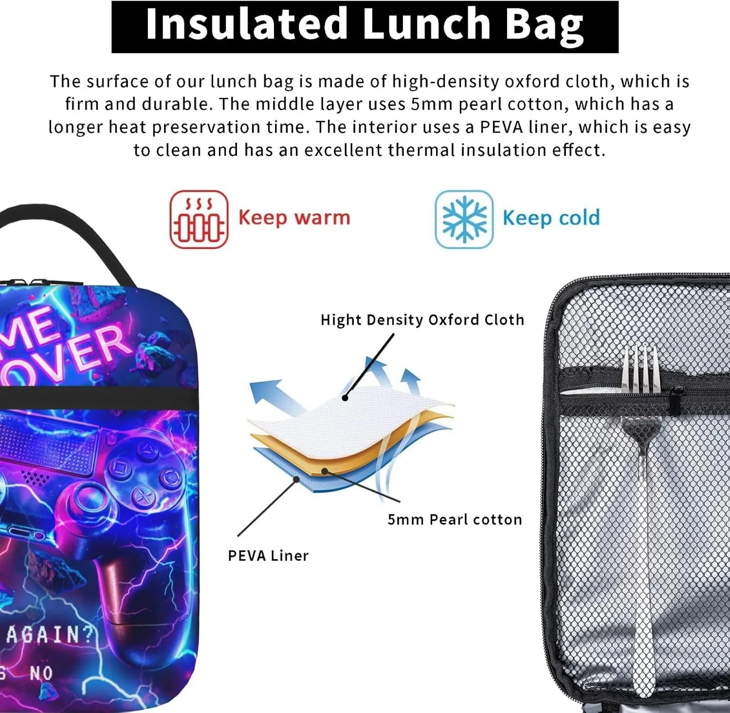 Lunch Box For Children Teen Boys And Girls Children Lunchboxes Insulated Kids Camping Lunch Bag Neon Gamer Lunch Bag Video Game Lunch Box Gaming Lunchbox For Boys With Strap For School Sport