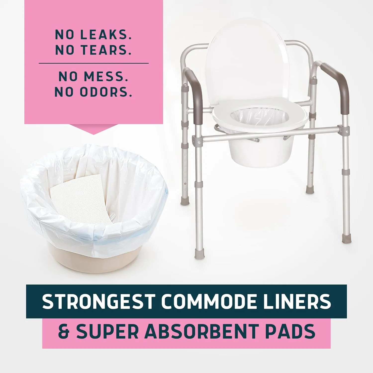 Lunderg Commode Liners with Absorbent Pads - Rose Scent Medical Grade 50 Count Universal Fit - Disposable Bedside Commode Liners and Pads for Adult Chairs, Portable Buckets & Camping Toilet Bags