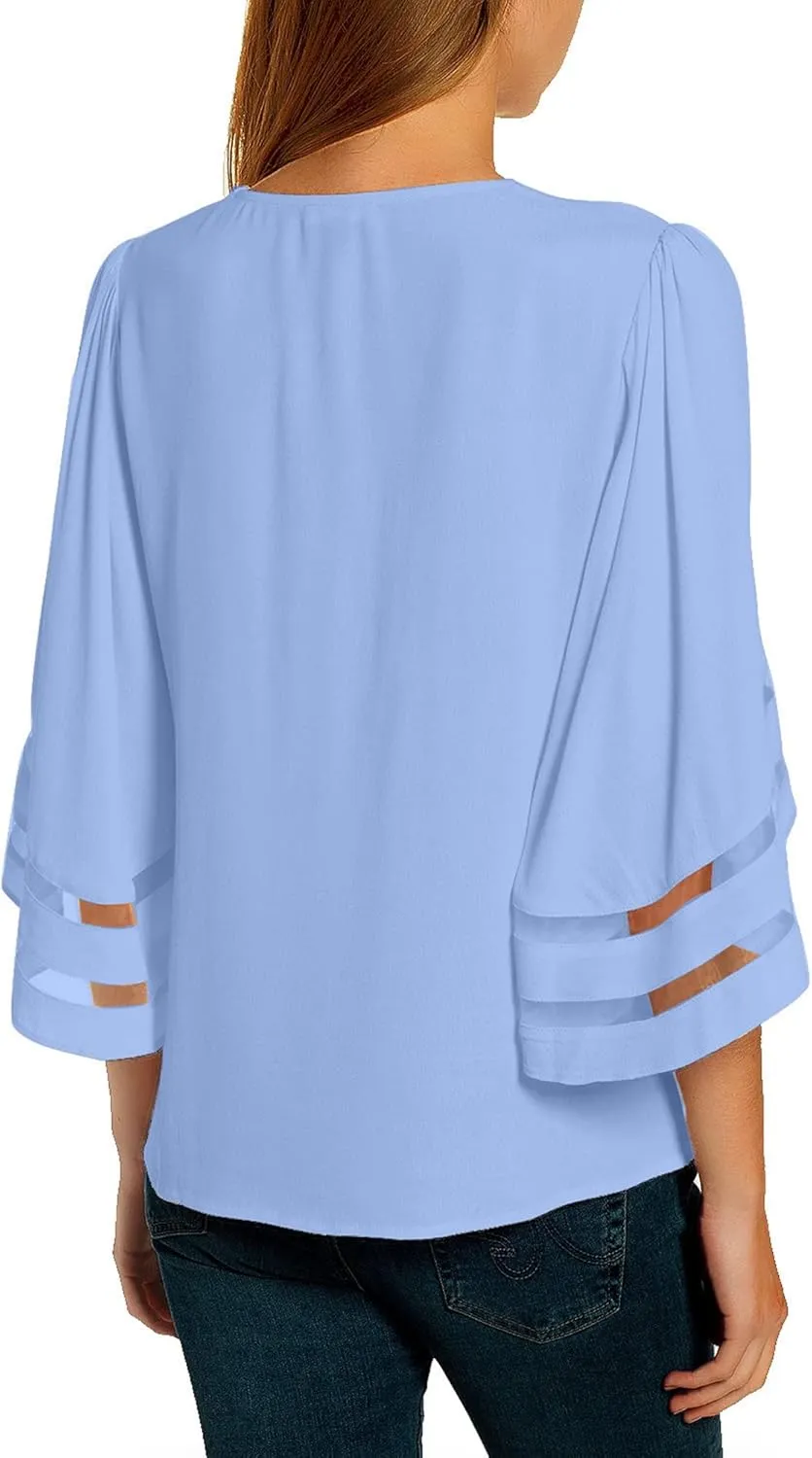 luvamia Women Casual Strappy V Neck Blouse 3/4 Bell Sleeve Mesh Panel Shirts Top