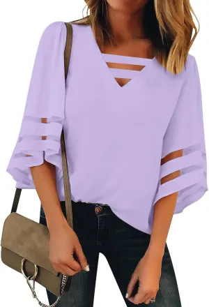 luvamia Women Casual Strappy V Neck Blouse 3/4 Bell Sleeve Mesh Panel Shirts Top