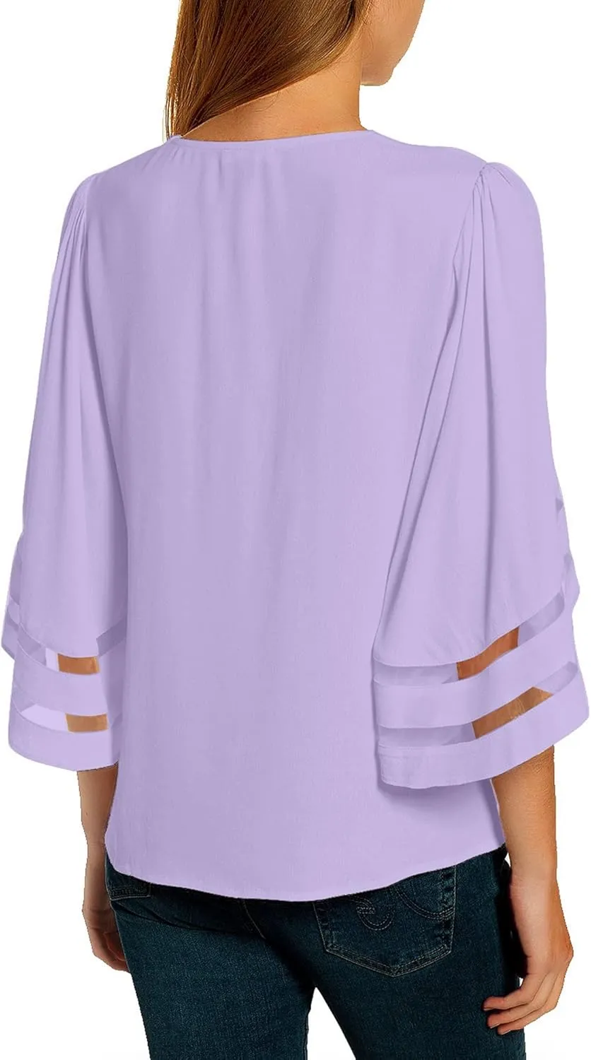 luvamia Women Casual Strappy V Neck Blouse 3/4 Bell Sleeve Mesh Panel Shirts Top