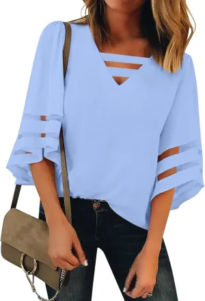 luvamia Women Casual Strappy V Neck Blouse 3/4 Bell Sleeve Mesh Panel Shirts Top