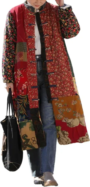 LUZU JUNU Women's Trench Coat Floral Print Long Cotton Linen Jacke Cottagecore Clothing Patchwork Outwear Bohemian unique