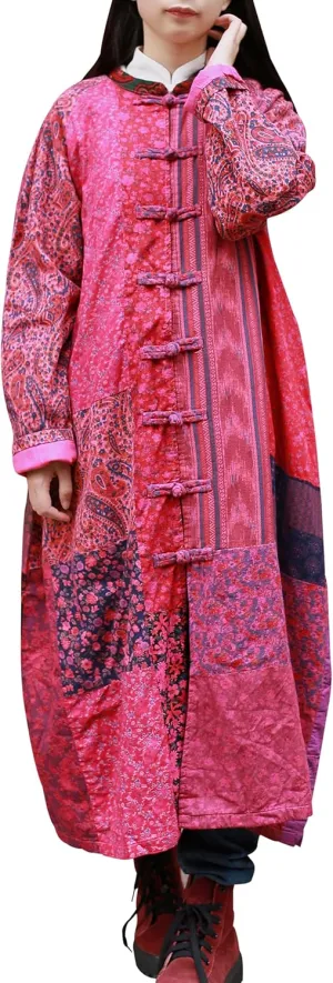 LUZU JUNU Women's Trench Coat Floral Print Long Cotton Linen Jacke Cottagecore Clothing Patchwork Outwear Bohemian unique