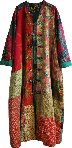 LUZU JUNU Women's Trench Coat Floral Print Long Cotton Linen Jacke Cottagecore Clothing Patchwork Outwear Bohemian unique