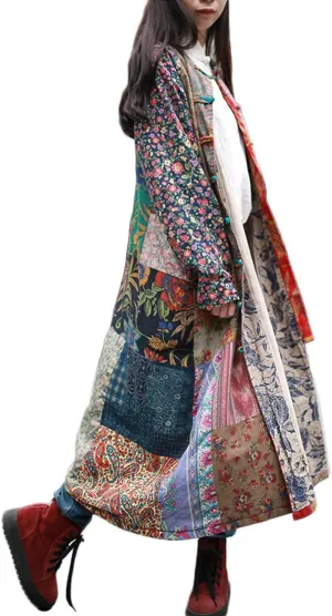 LUZU JUNU Women's Trench Coat Floral Print Long Cotton Linen Jacke Cottagecore Clothing Patchwork Outwear Bohemian unique