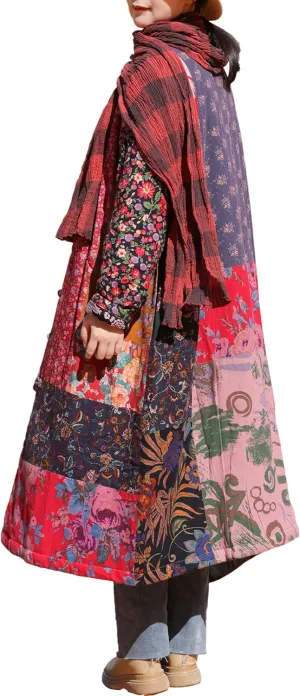 LUZU JUNU Women's Trench Coat Floral Print Long Cotton Linen Jacke Cottagecore Clothing Patchwork Outwear Bohemian unique