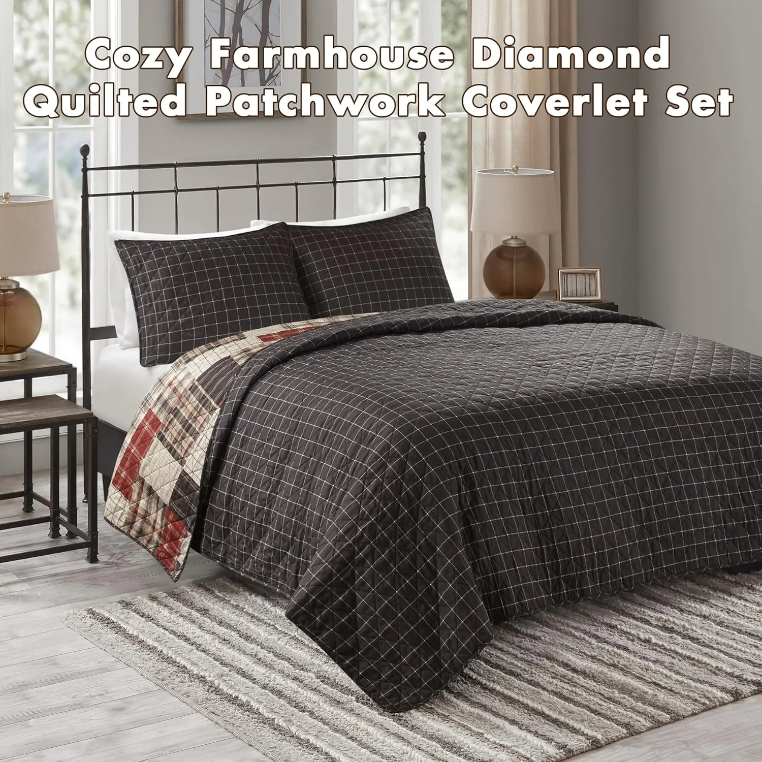 Madison Park Essentials Queen Quilt Set Patchwork Farmhouse, Diamond Quilting Reversible Coverlet Set for Queen Size Bed, Plush Cotton Filled Quilt Set Queen Size, Shams Full/Queen Red/Black 3 Piece